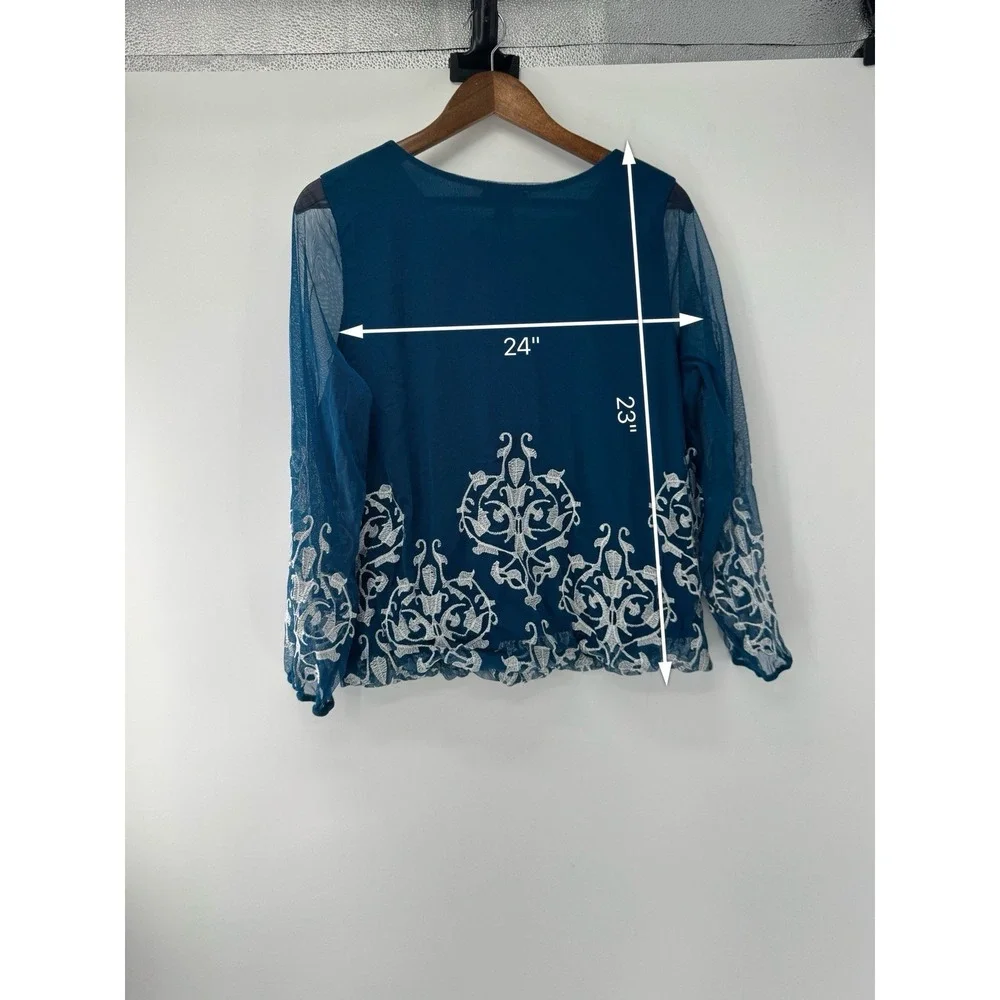 Alfani Blue Sheer‎ Sleeve Embroidered Blouse Fairy Romantic Whimsical Coquette